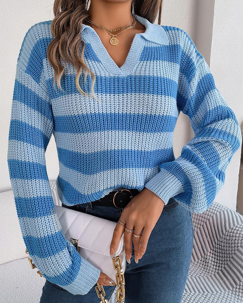 

Striped Lantern Sleeve Knit Sweater, Blue