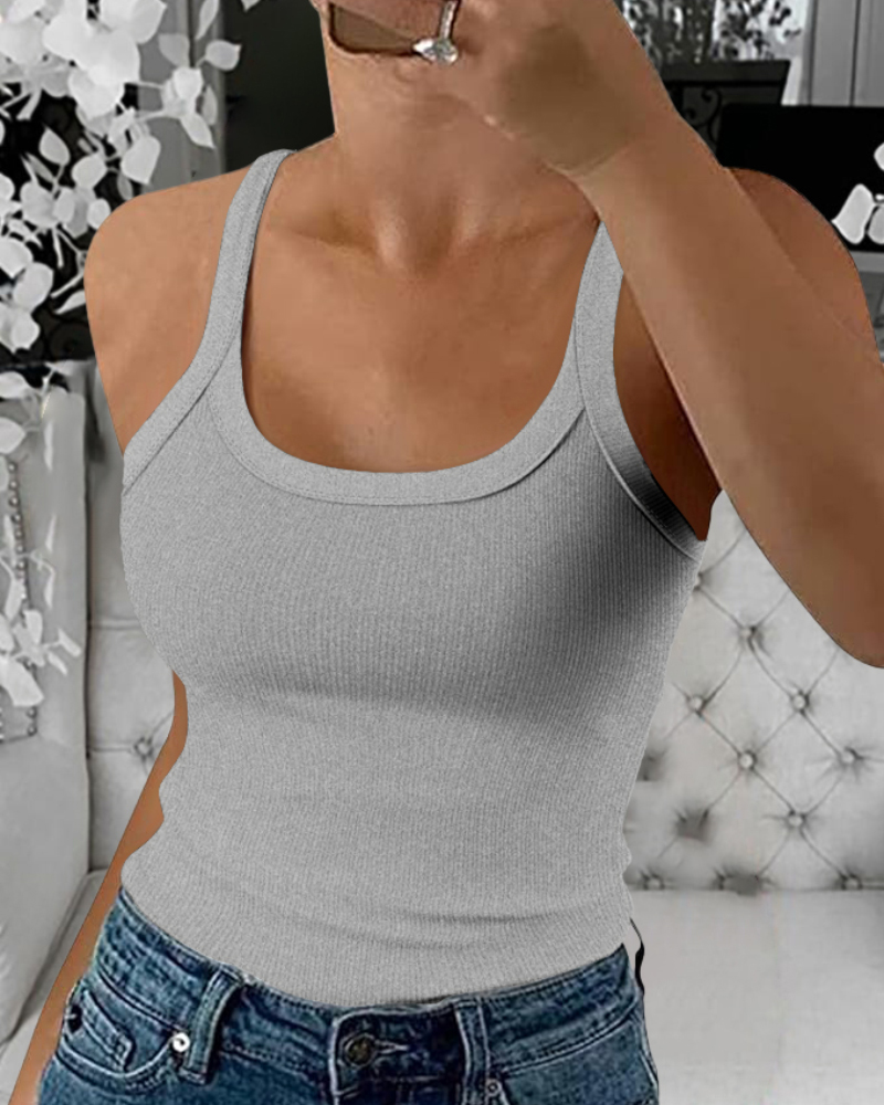 

Scoop Neck Spaghetti Strap Ribbed Top Casual Sleeveless Slim Fit Tank, Gray