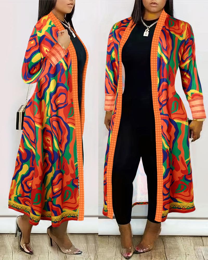 

Plus Size Multi-Color Abstract Print Lace Patch Longline Coat, Orange