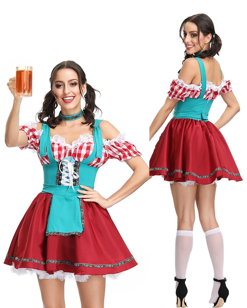 

Hallowerrn Oktoberfest Beer Girl Bar Waitress Carnival Party Cosplay Costume, Red