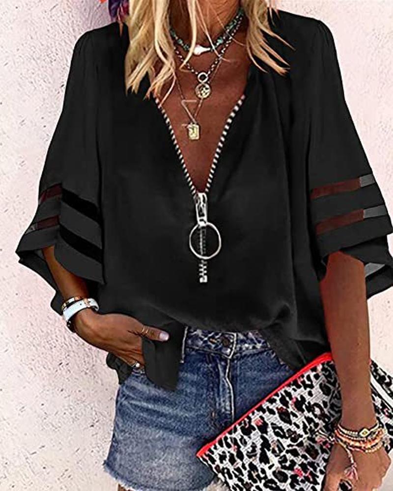 

Contrast Mesh Bell Sleeve Zip Front Top, Black