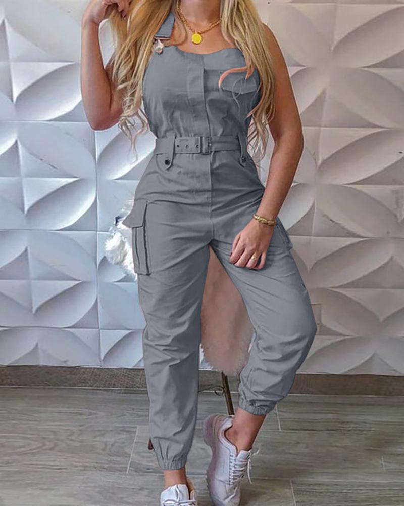 

Pocket Design Cargo Suspender Jumpsuit, Gray