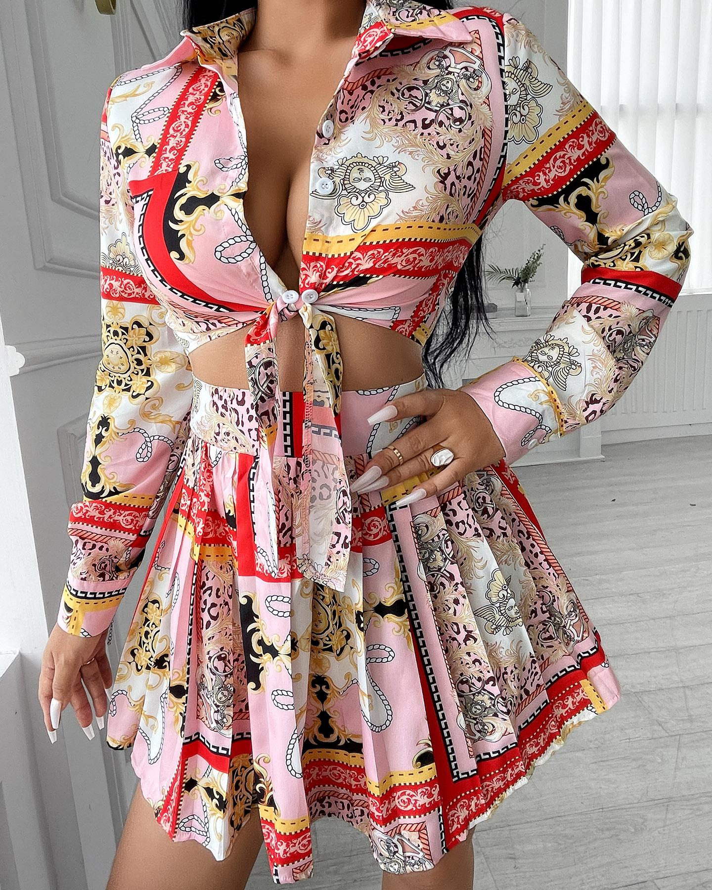 

Scarf Print Tie Front Crop Top & Pleated Skirt Set, Pink