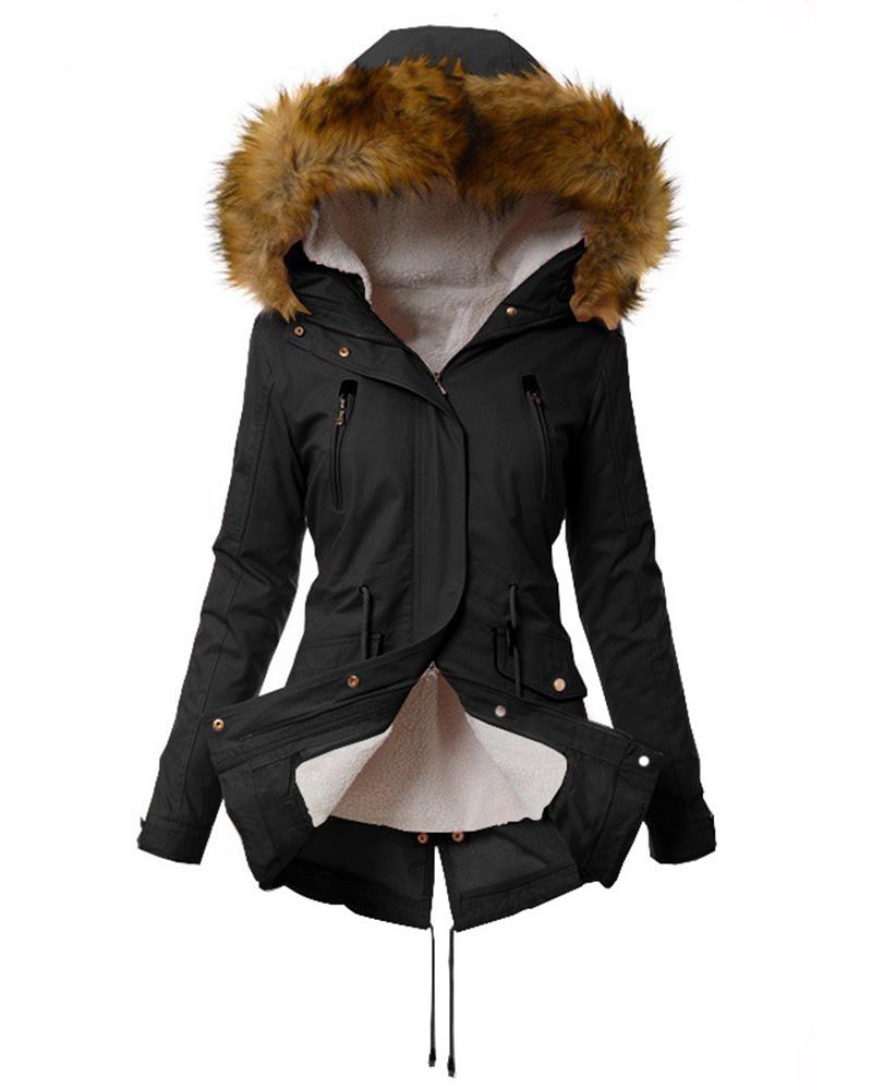 

Women' Parka Casual Winter Long Coat Drawstring Zipper Pocket Design Lined Hooded Faux Fur Collar Jacket, Black