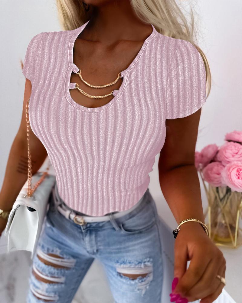 

Asymmetrical Neck Chain Decor Ribbed T-Shirt, Pink