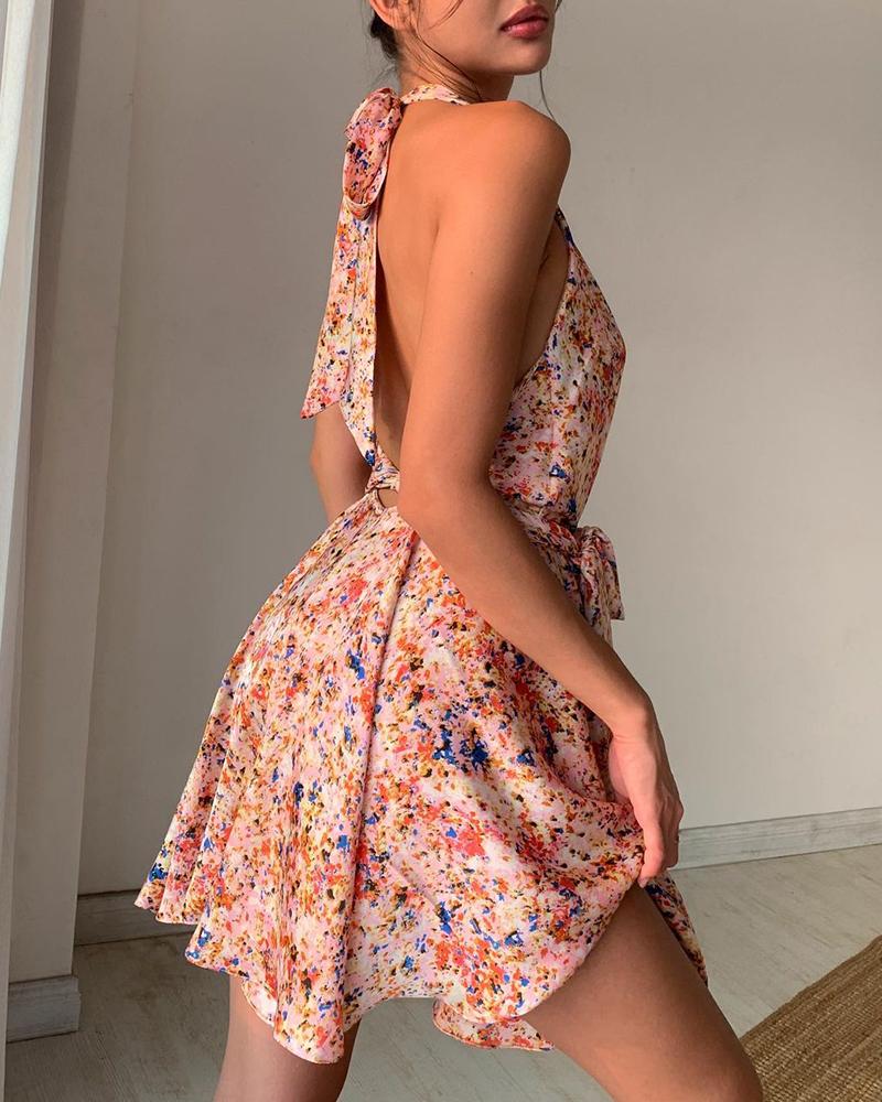 

Halter Cowl Neck Backless Floral Print Dress, Pink