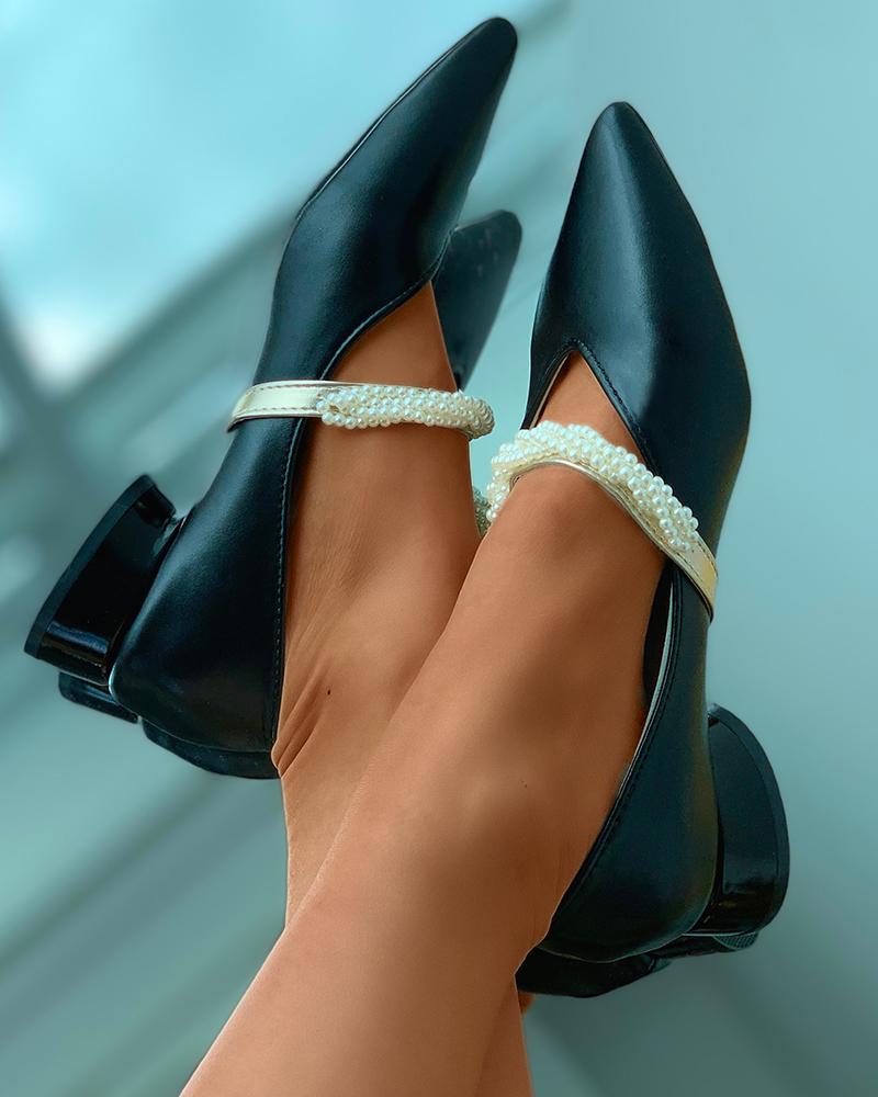 

Pointed Toe Beaded Strap Chunky Mary Jane Shoes, Black