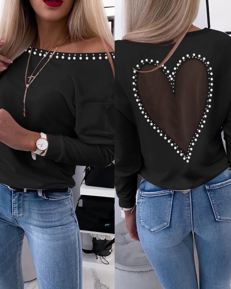 

Heart Pattern Sheer Mesh Round Neck Long Sleeve Beaded Sheer Mesh Tee Casual Top, Black