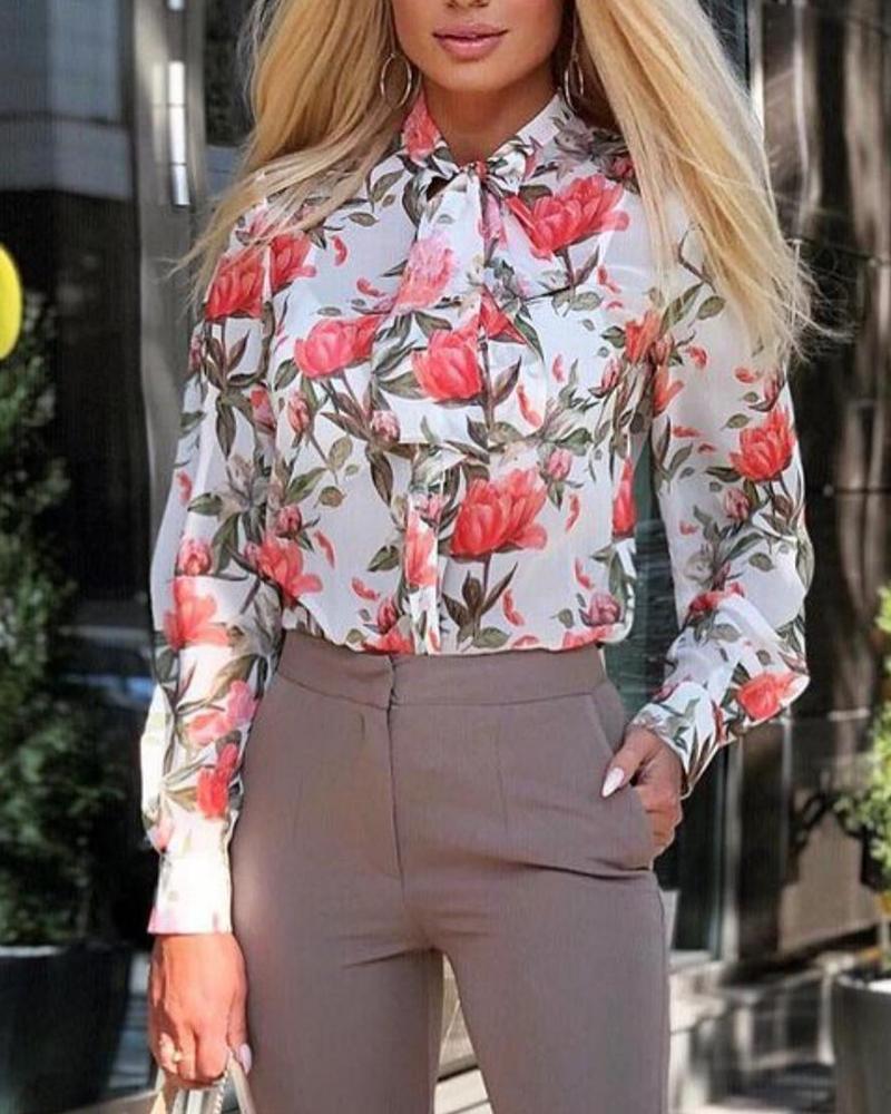 

Floral Print Tie Neck Button Design Top, Multicolor