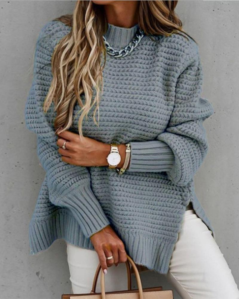 

Long Sleeve Mock Neck Split Hem Sweater, Gray