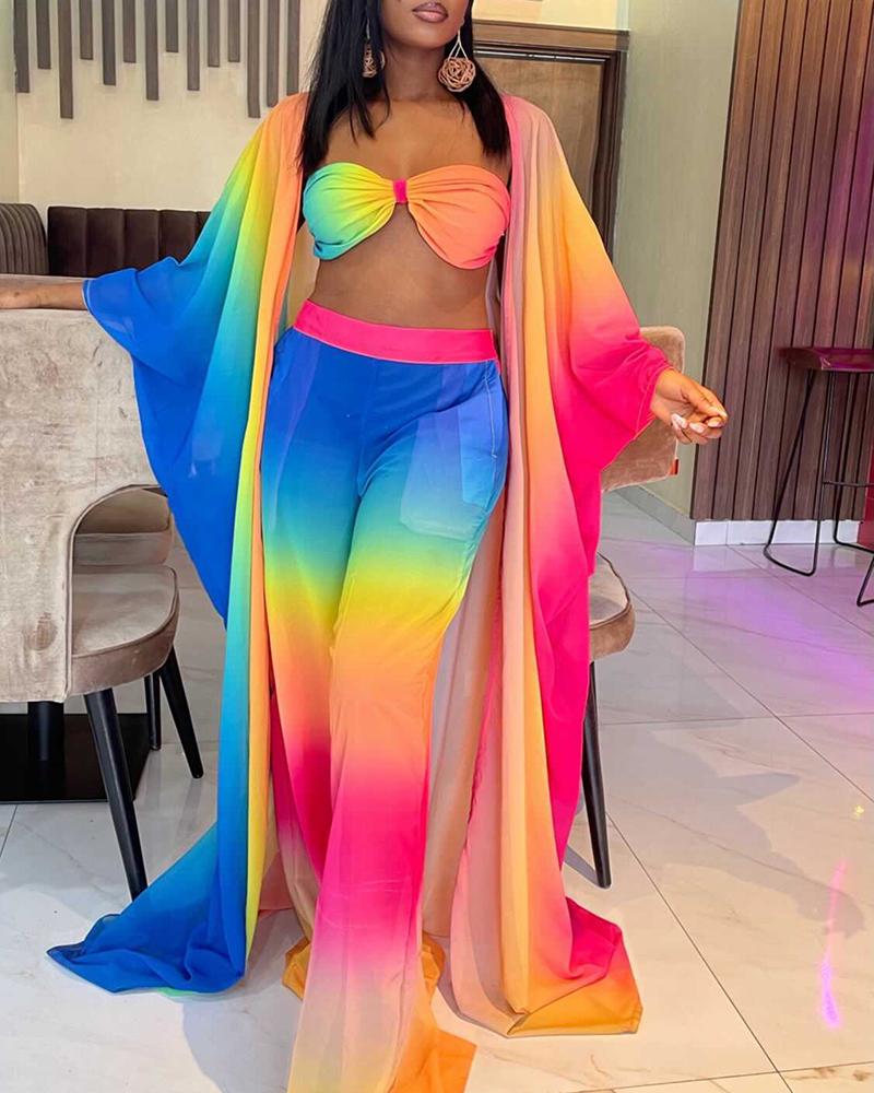 Tie Dye Print Ombre Longline Coat & Wide Leg Bootcut Pants Set With Bralette