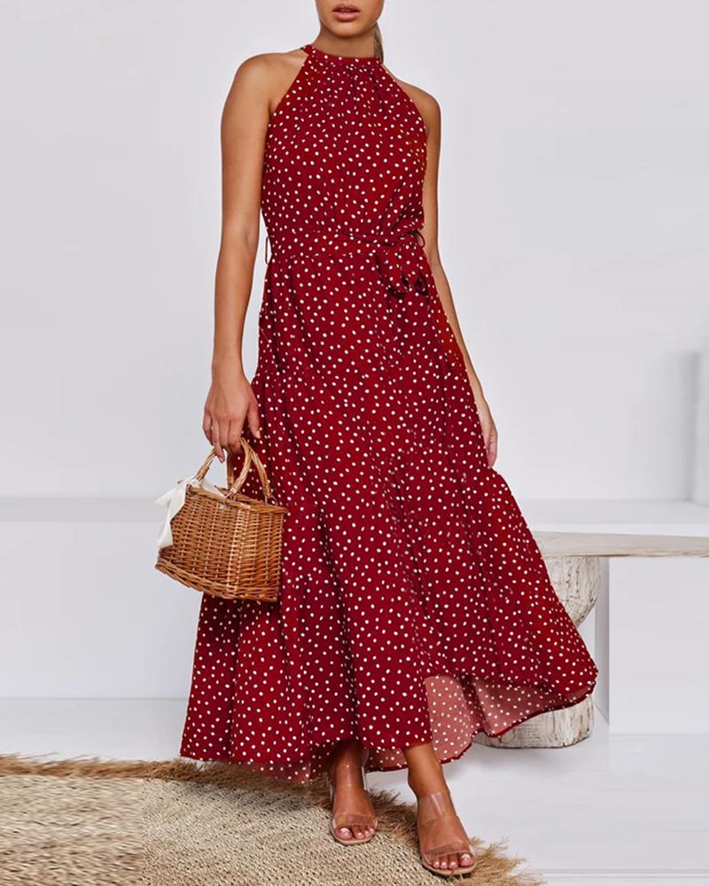 

Sleeveless Polka Dot Print Maxi Dress With Belt, Red