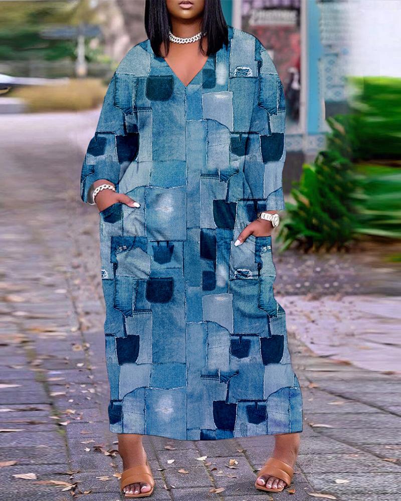 

Plus Size Denim Look Print Pocket Detail Maxi Dress, Blue