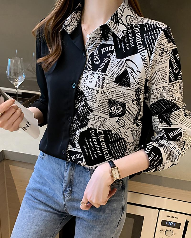 

Newspaper Print Colorblock Buttoned Long Sleeve Shirt, Black
