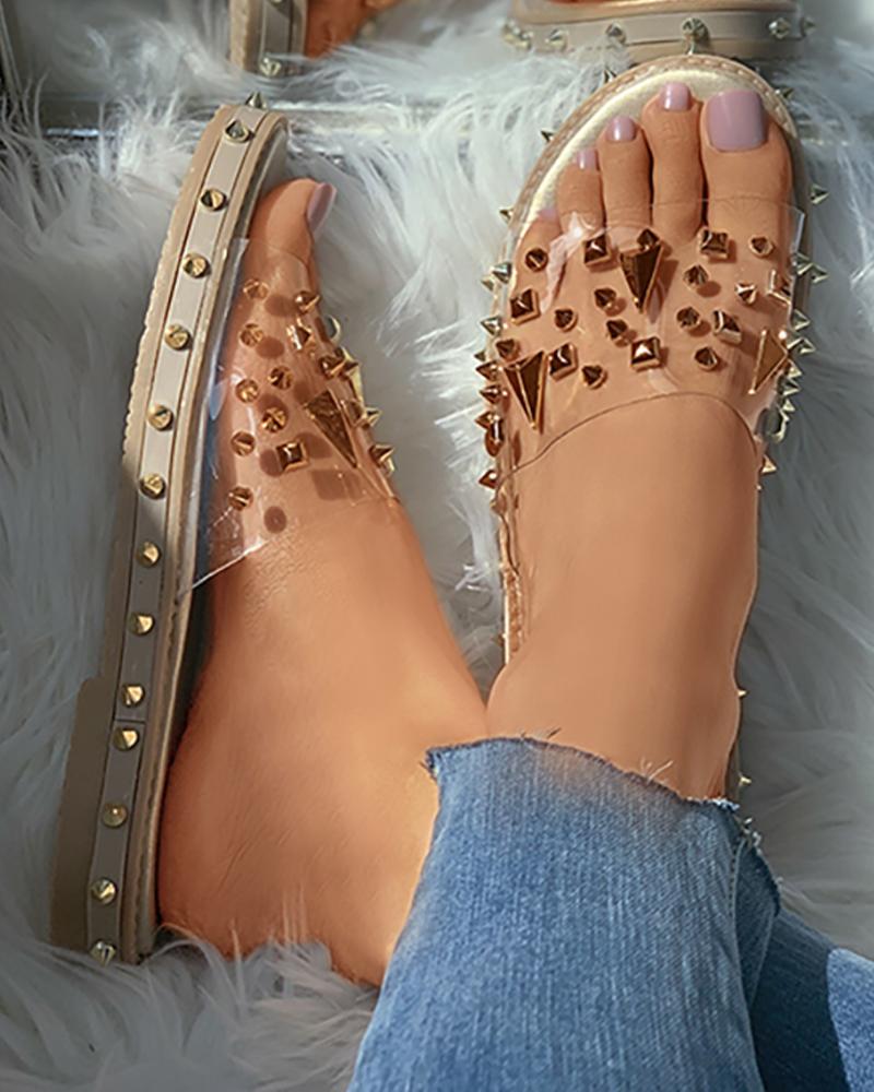 

Rivet Clear Perspex Flat Slider Sandals, Gold