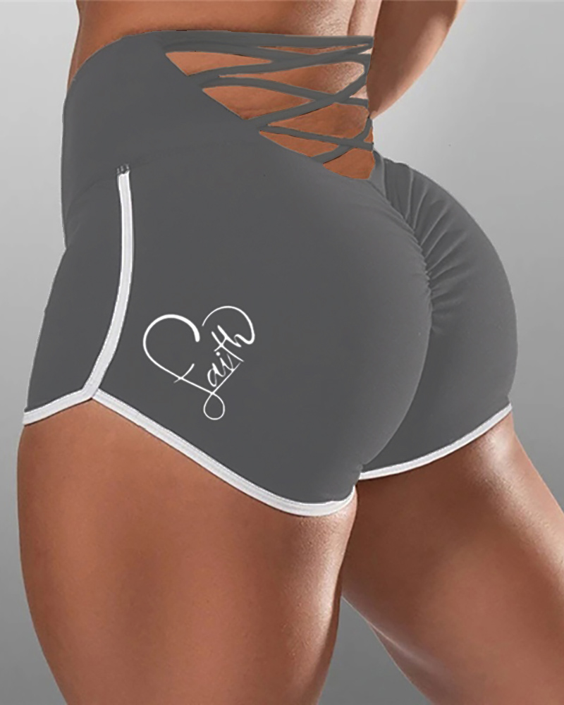 

Letter Heart Print Elasticated Seamless Leggings Scrunch Push Up Yoga Shorts, Gray