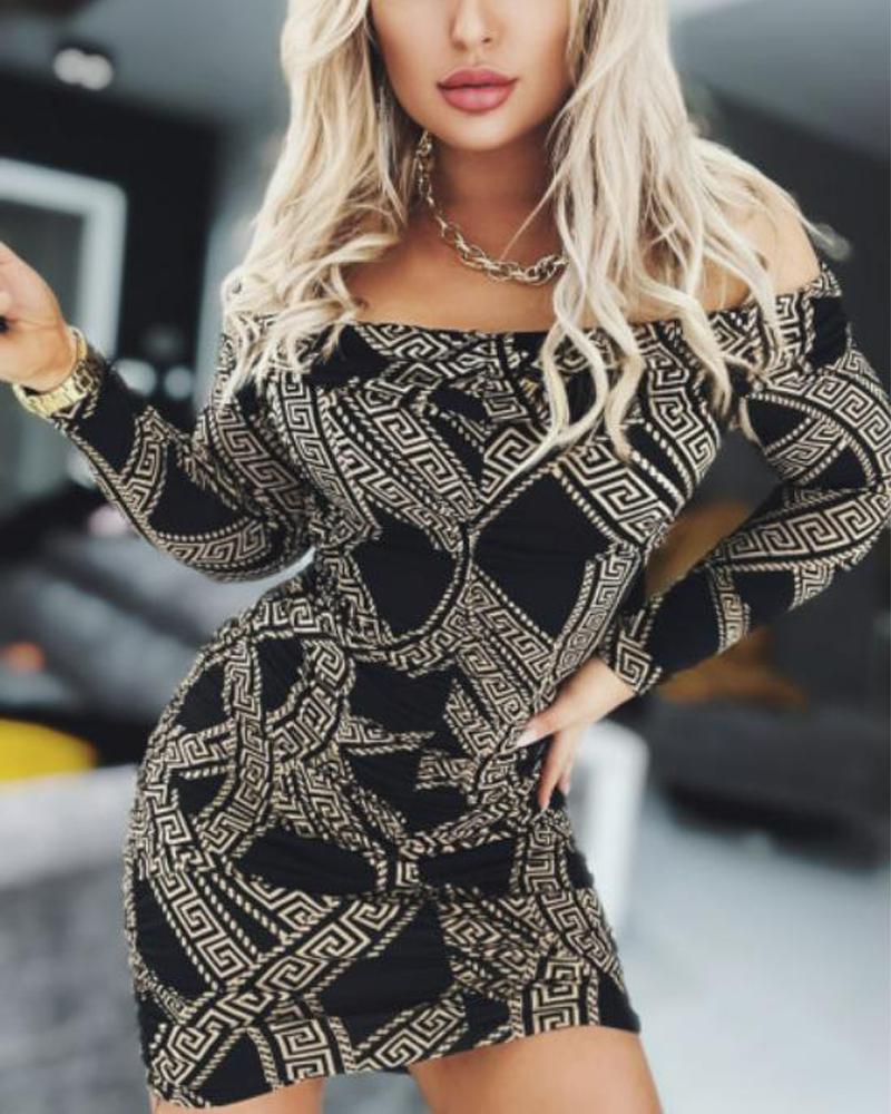 

Geometric Print Off Shoulder Bodycon Dress, Black