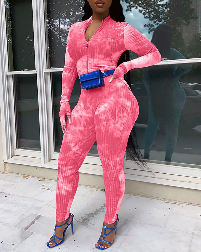 

Tie Dye Print Ribbed Zipper Design Jumpsuit, Pink