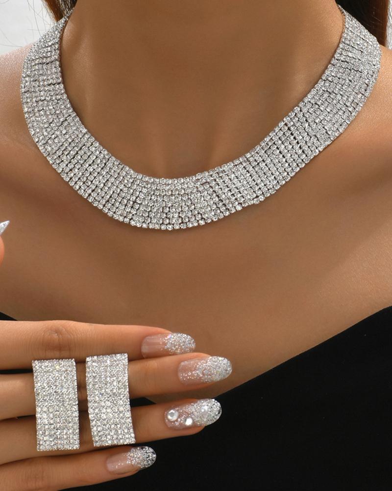 

2PCS Rhinestone Wide Chain Necklace & Stud Earrings Evening Party Wedding Jewelry Set, White