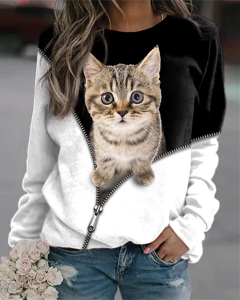 

Cute 3D Cat Print Long Sleeve Casual Top, White