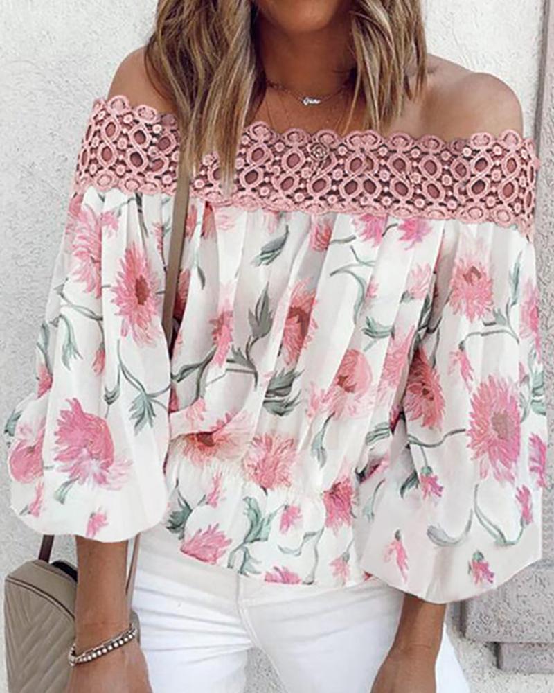 

Off Shoulder Lace Trim Lantern Sleeve Floral Print Top, Pink