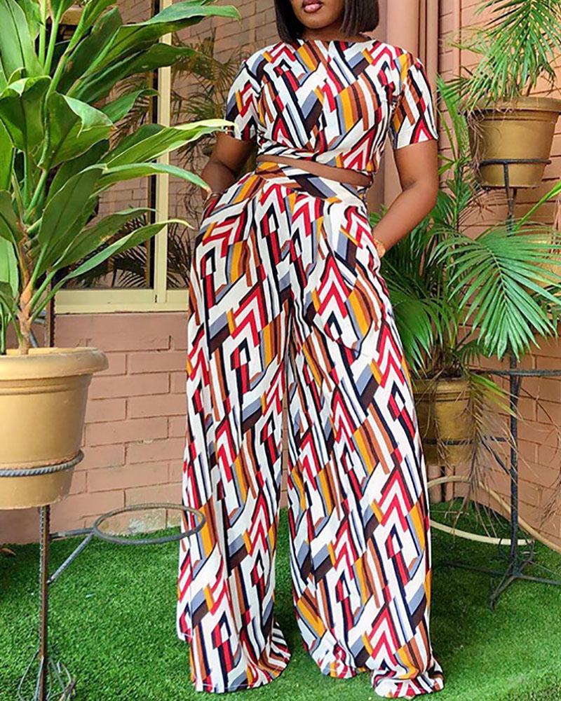 

Tie Front Allover Print Top & Wide Leg Pants Sets, Style2