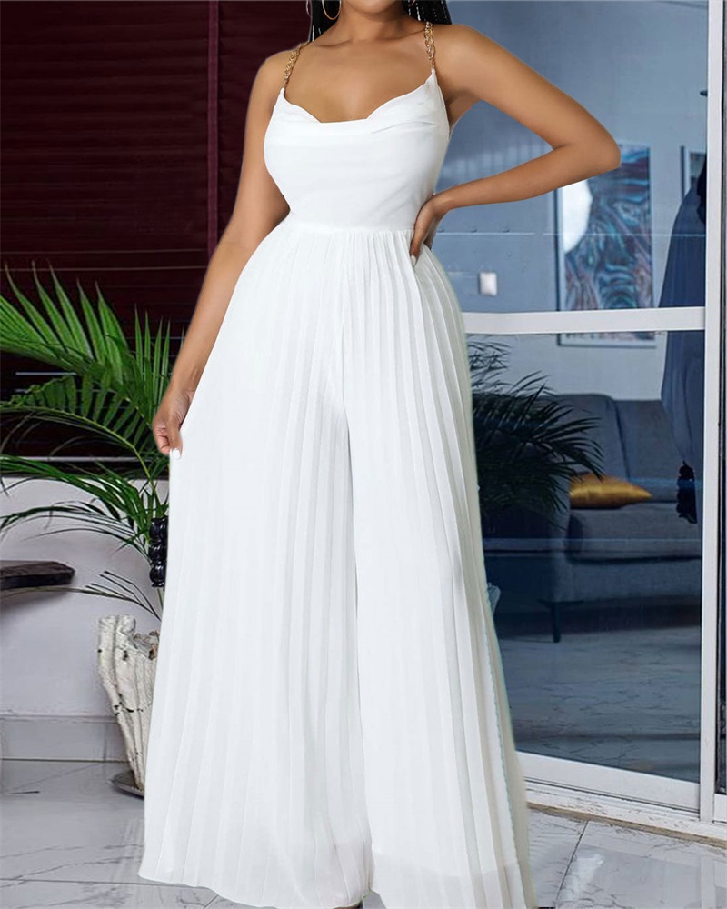 

Chain Decor Crisscross Backless Pleated Wide Leg Jumpsuit, White