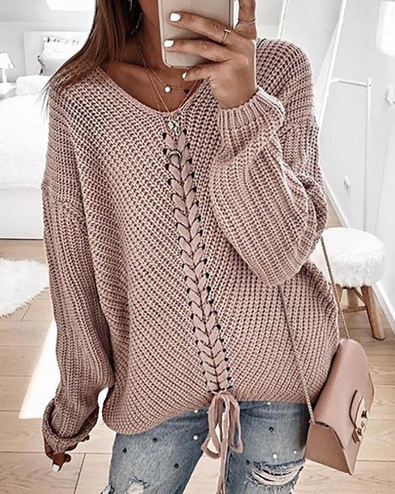 

Eyelet Lace-up Knitt Casual Sweater, Pink