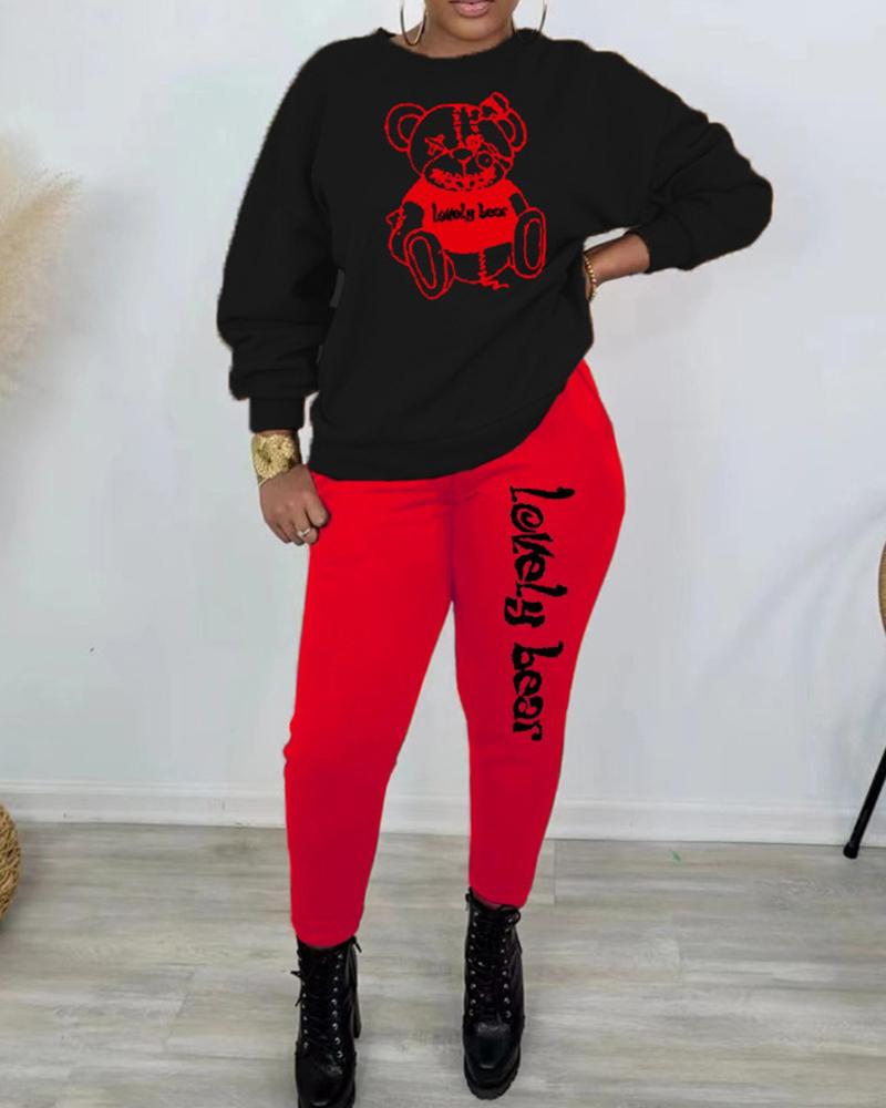 

Bear Print Long Sleeve Top & High Waist Pants Set, Red