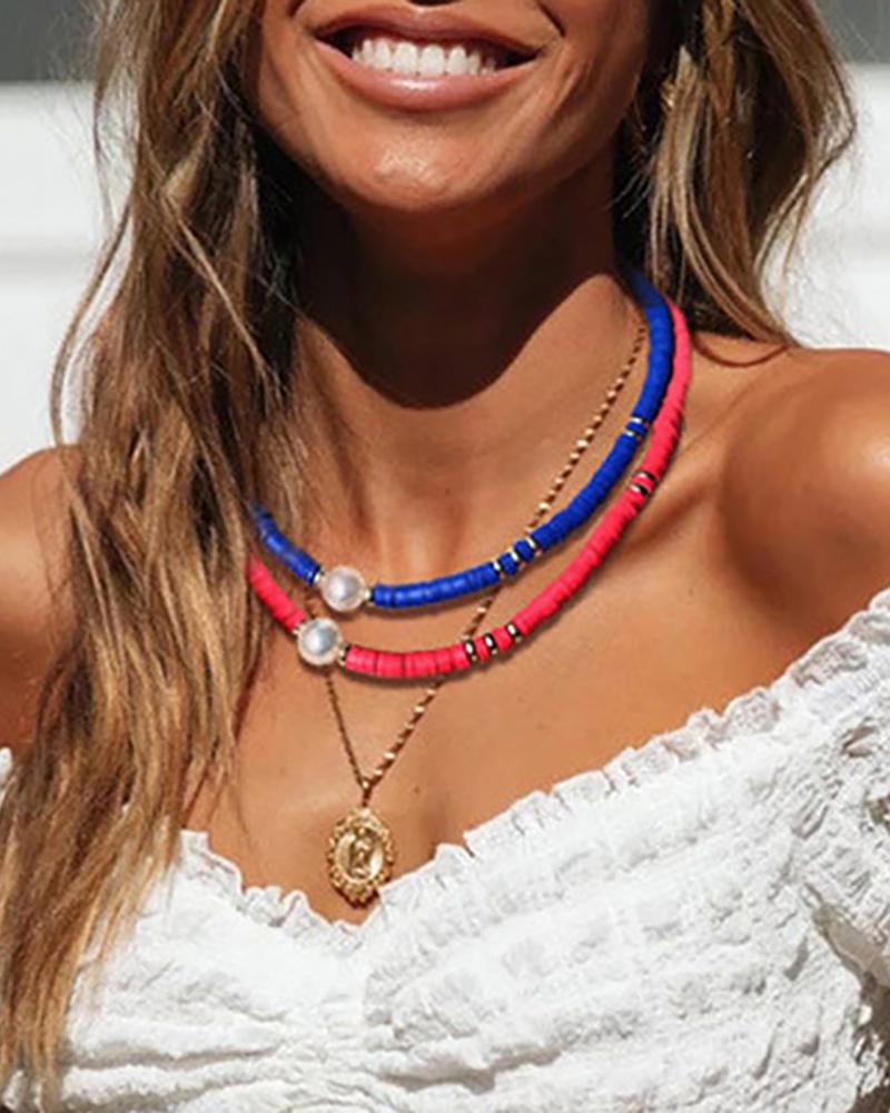 

2PCS Beaded Decor Layered Clay Choker Necklace, Style1