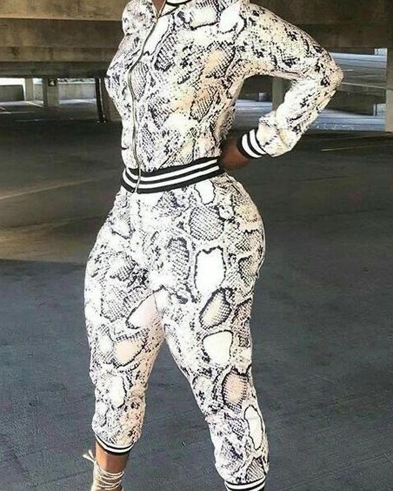 

Snakeskin Print Baseball Jacket & Pants Set, White