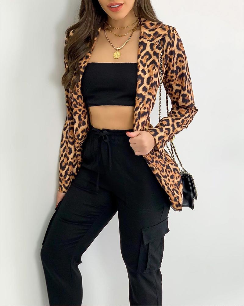 

Leopard Print Notched Collar Blazer Coat