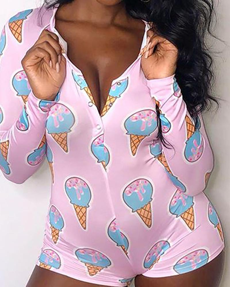 

Cartoon Print Long Sleeve Romper, Style2