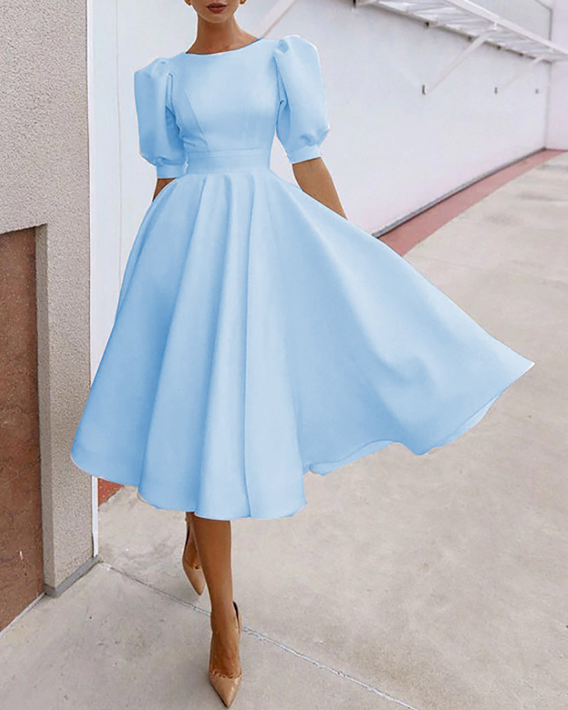 

Puff Sleeve Cutout Back Flared Swing Dress, Sky blue