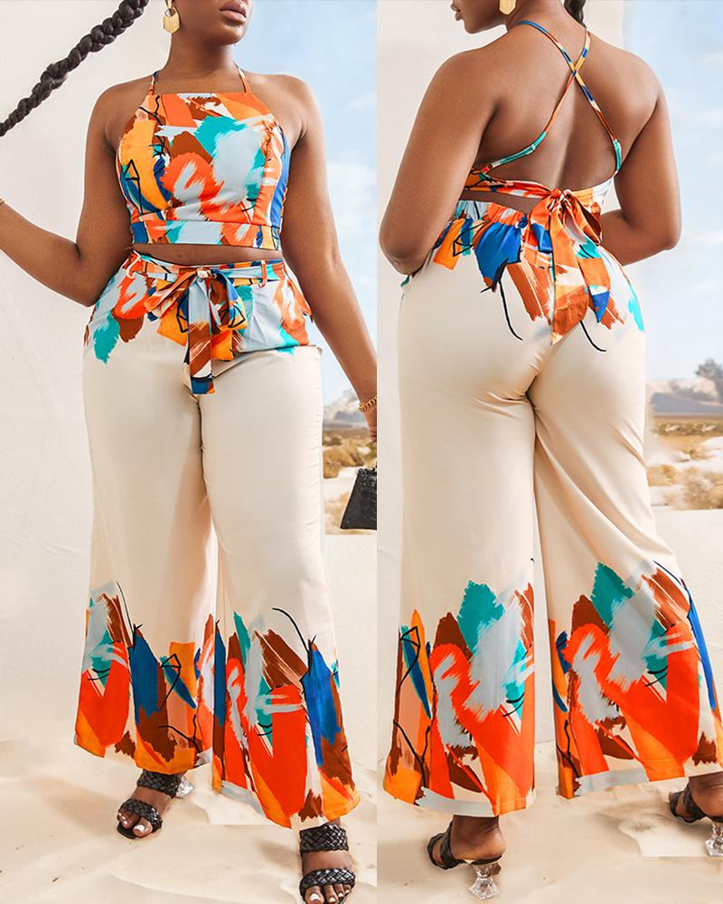 

Plus Size Abstract Print Crisscross Backless Cami Top & Wide Leg Pants Set, Orange