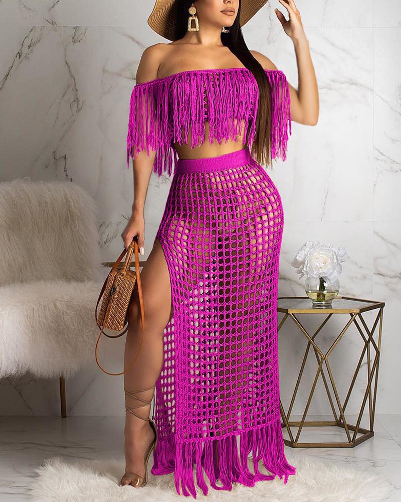

Short Sleeve Crochet Tassel Design Cover Up, Hot pink