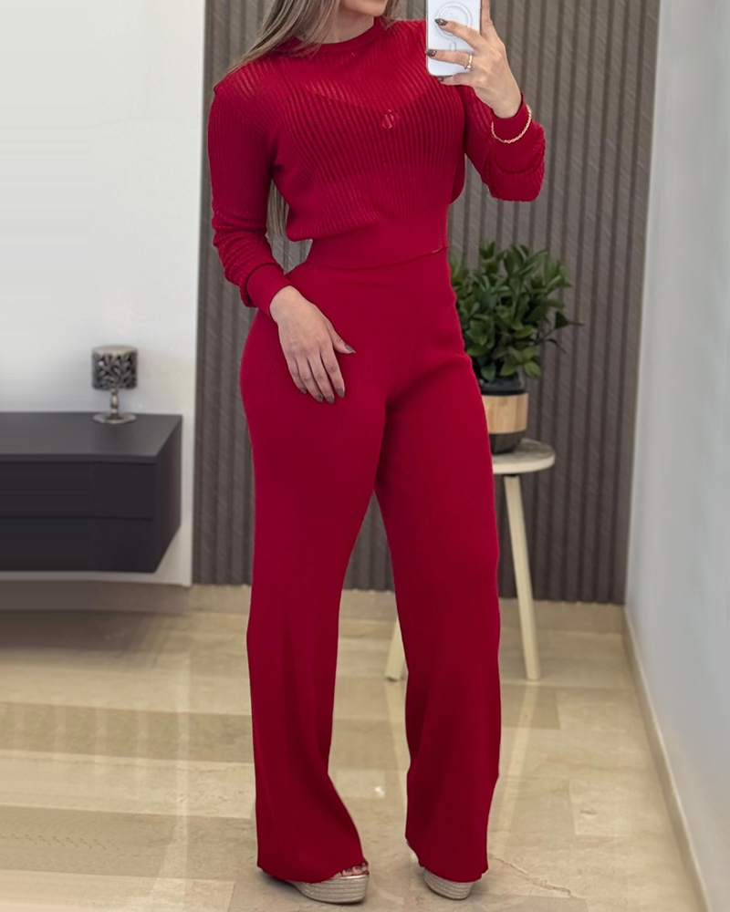

Ensemble haut à manches longues et col rond avec texture verticale et pantalon large décontracté, Red