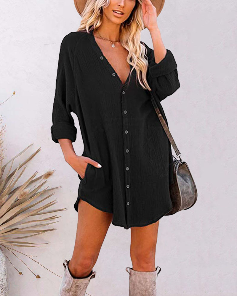 

Long Sleeve Button Down Casual Shirt Dress, Black