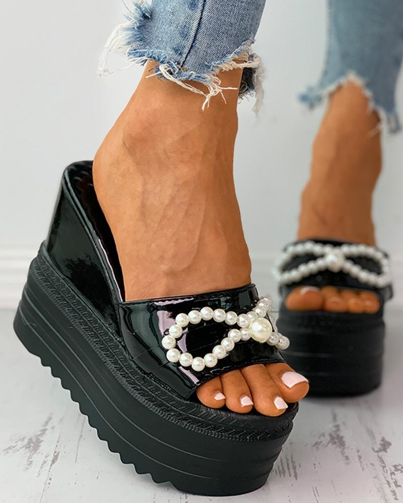 

Beaded Peep Toe Platform Wedge Sandals, Black
