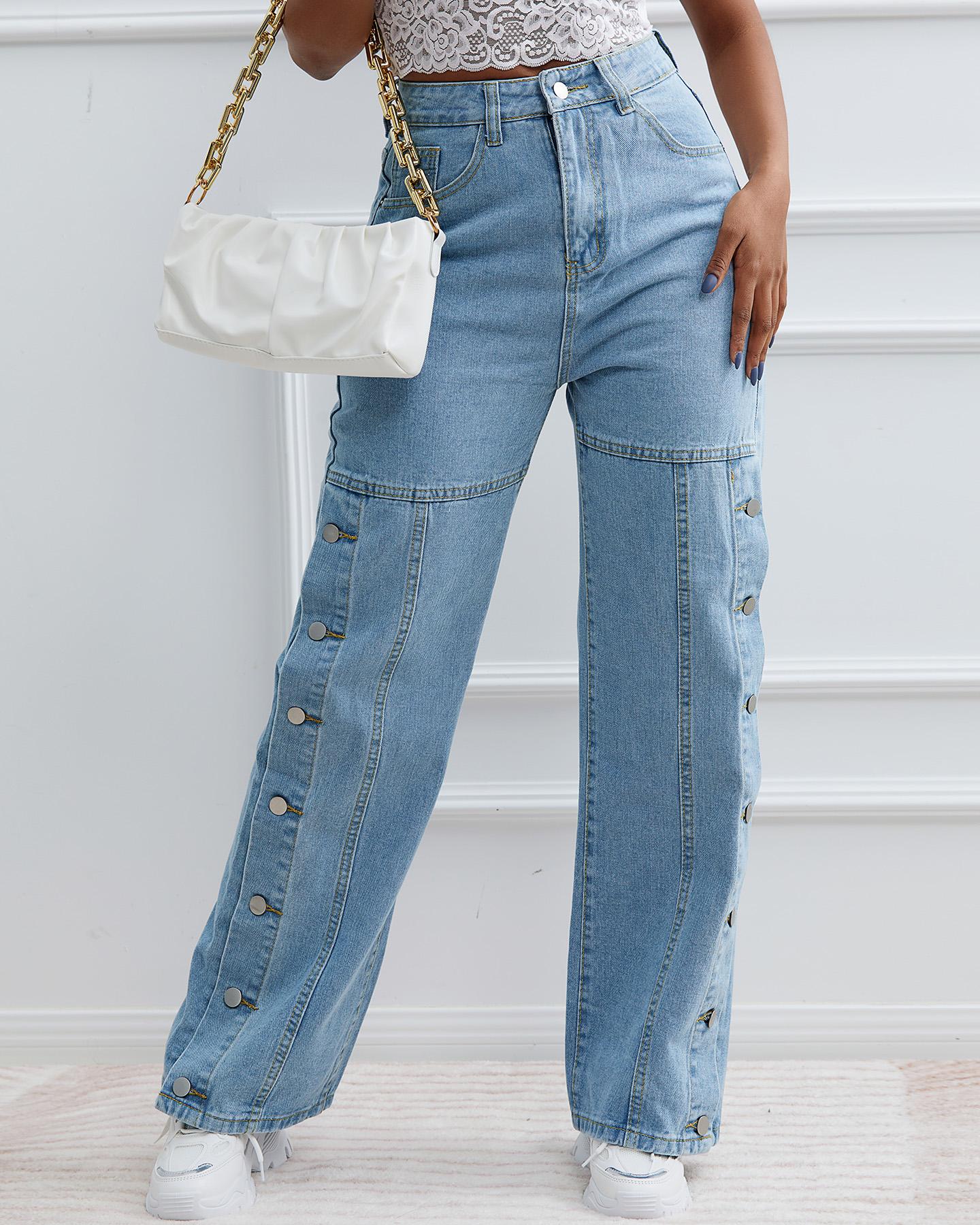 

High Waist Buttoned Pocket Design Jeans, Blue