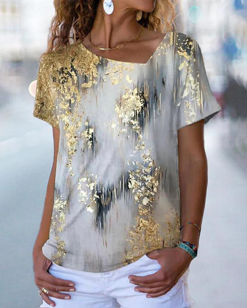 

Tie Dye Print Asymmetrical Neck T-shirt, Gold