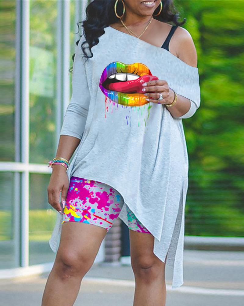 

Ink Splashed Printed Oblique Shoulder Twinset, Gray
