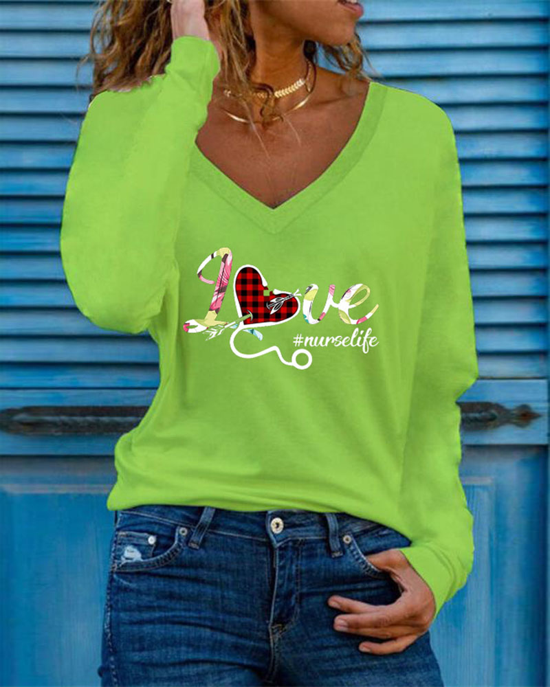 

Love Pattern Print Long Sleeve V-Neck Top, Green