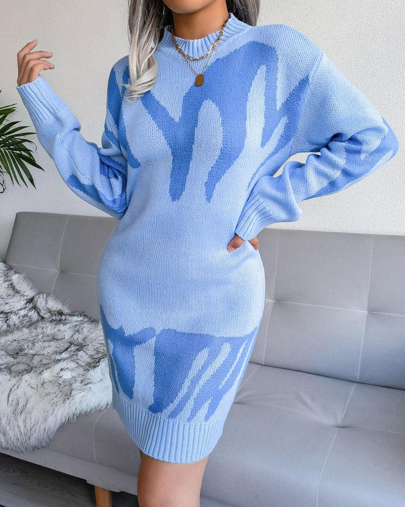 

Geometric Pattern Long Sleeve Sweater Dress, Blue