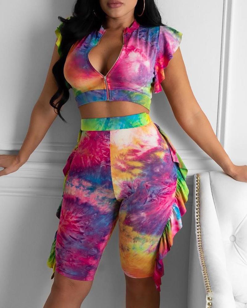 

Tie Dye Print Ruffles Zipper Design Top & Wide Waistband Shorts Set, Hot pink