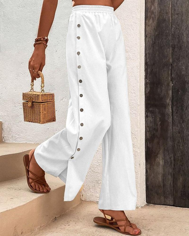 

Side Button Slit Wide Leg Pants, White