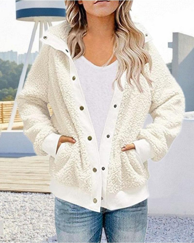 

Long Sleeve Button Front Teddy Coat, White