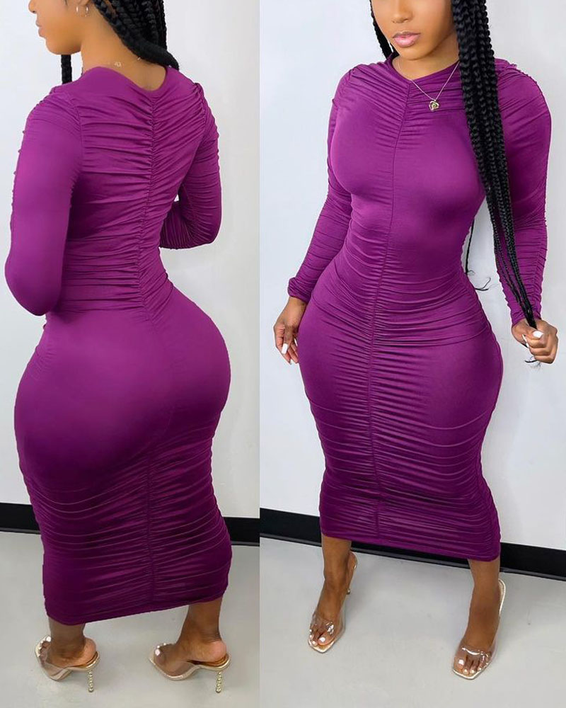 

Long Sleeve Ruched Bodycon Dress, Purple