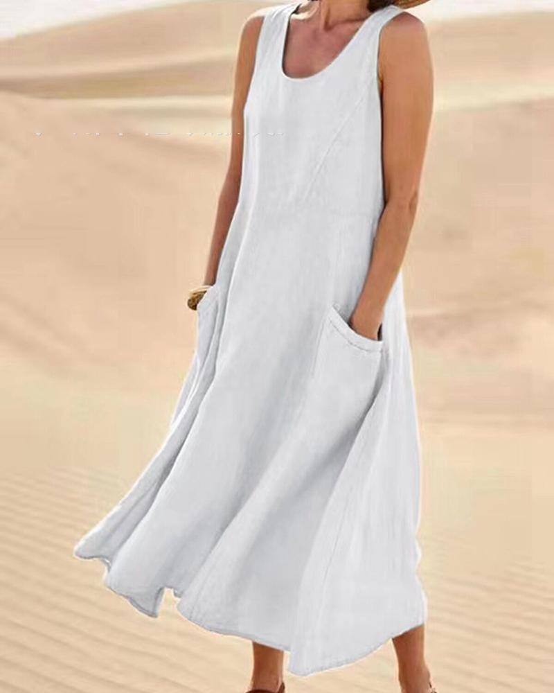 

Pocket Design Sleeveless Casual Dress, White