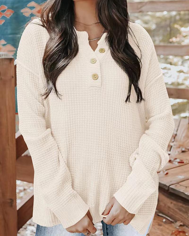 

Long Sleeve Button Detail Split Hem Knit Sweater, Beige